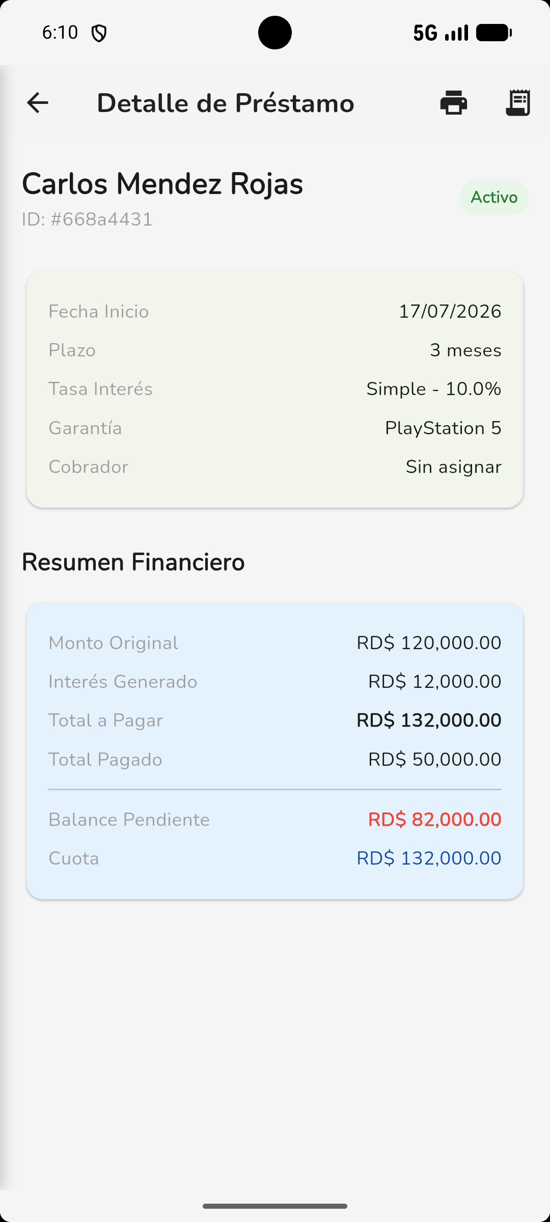 Detalle de préstamo y amortización